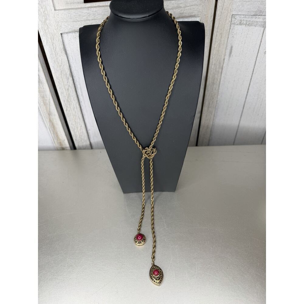 Chicos Knot Pendant Necklace Gold Red Glam Boho Adjustable